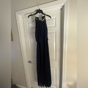 Navy Chain-Accent Halter Maxi Dress